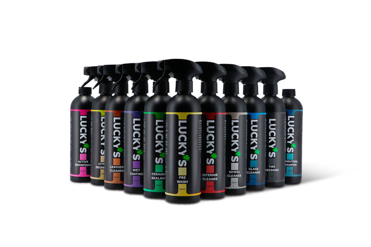 Ligne up of all the premium liquid products from Lucky’s car care.