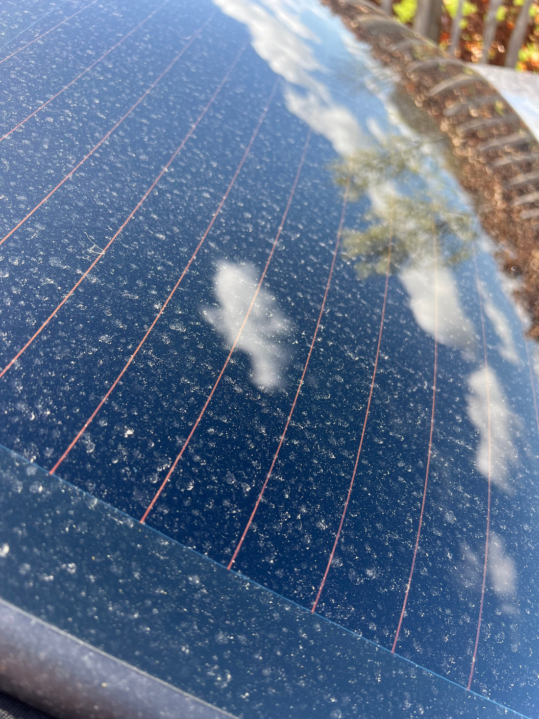Dirty and dusty rear windshield covered in pollen, Sahara dust, and road grime from spring and summer conditions, highlighting the need for effective car cleaning and detailing products.