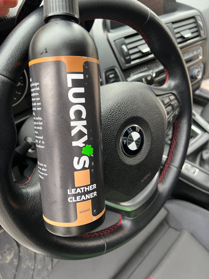Lucky’s Leather Cleaner hanging on a freshly cleaned steering wheel – the ultimate solution for removing dirt, grease, and hand oils while preserving the leather’s natural look. Leaves a clean, matte finish without making the surface slippery, ensuring a fresh and well-maintained interior.